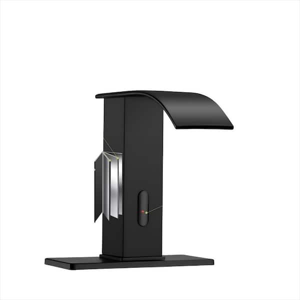 1-Piece Automatic Motion Sensor Faucet in Black with Waterfall Spout, Stainless Steel Sink Faucet with Hole Cover Plate