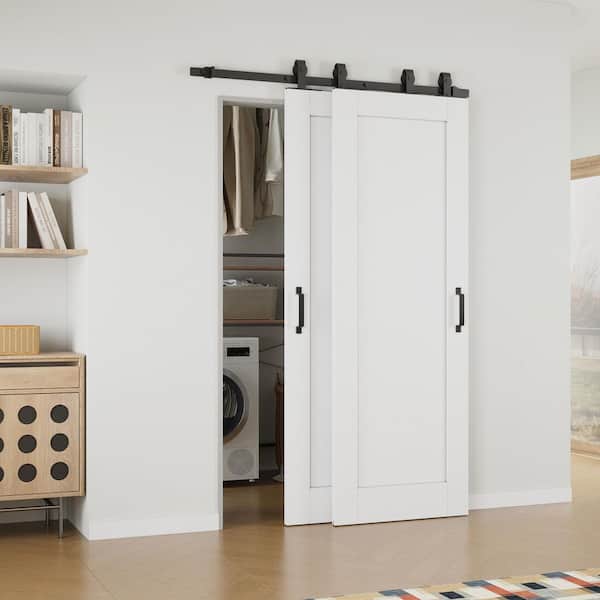 ARK DESIGN 48 in. x 80 in. (Double 28 in.) 1-Panel White Primed Solid Core MDF Sliding Barn Door with Hardware Kit Bypass