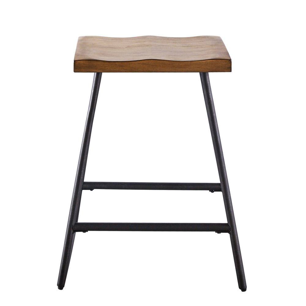 Rustic Saddle Style Brown Wood and Metal Counter Stool, 25" Height