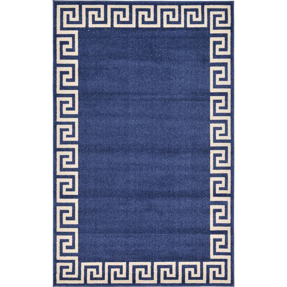 Navy and Beige Geometric Border 5' x 7' Synthetic Area Rug