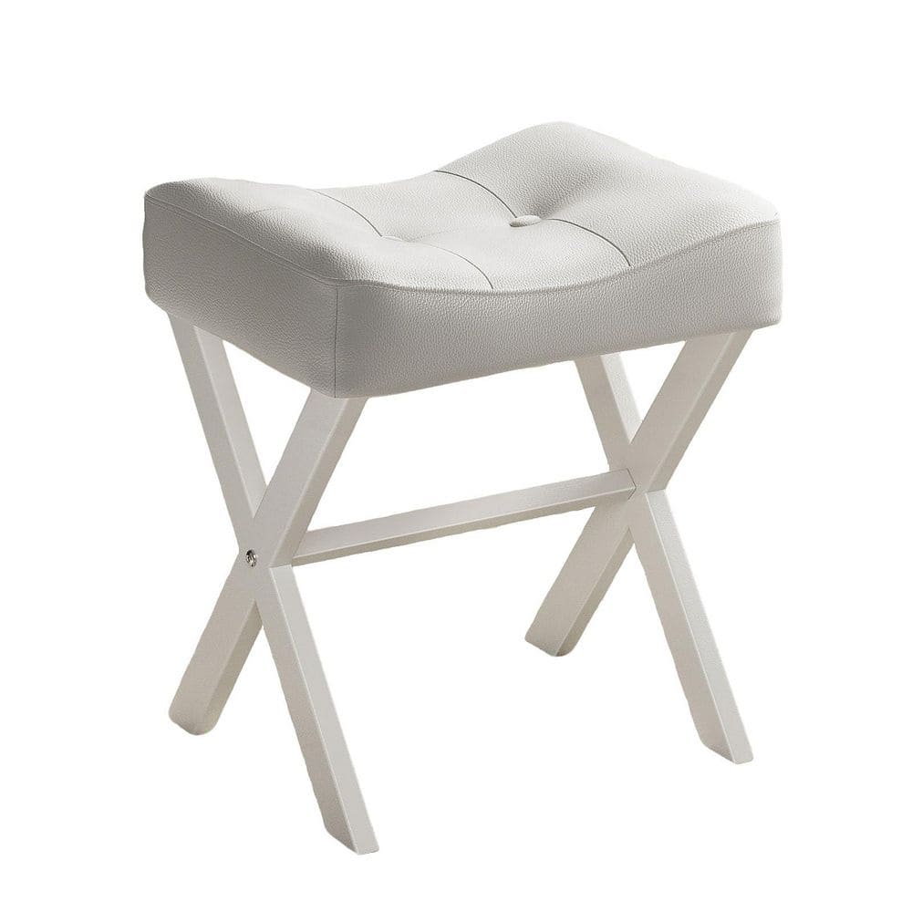 White Alloy Steel 17.7 in. Tall Leather Makeup Vanity Stool with Metal X-Leg & Thick Padded Saddle Seat