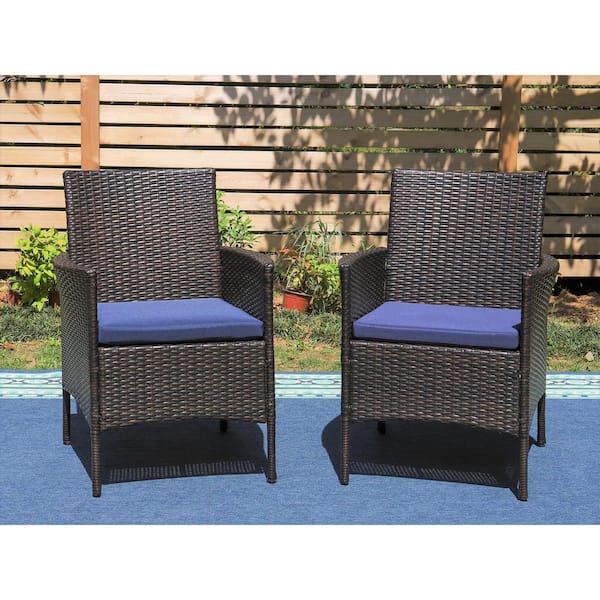 PHI VILLA Black Rattan Metal Patio Outdoor Dining Chair with Beige Blue Cushion (2-Pack)