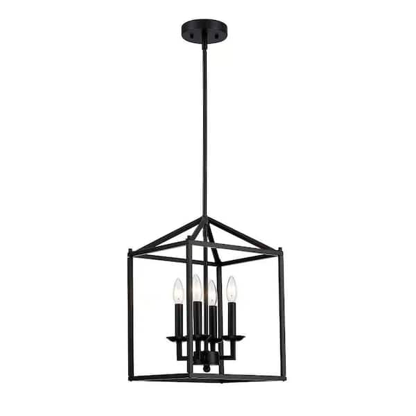INNOBULE 4-Light Matte Black Lantern Chandelier with Black Metal Outer Cage