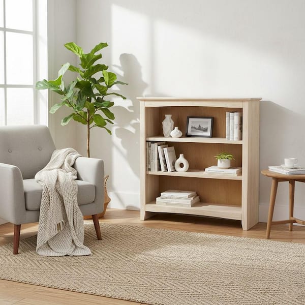 36 in. Unfinished Solid Wood 3-Shelf Standard Bookcase with Adjustable Shelves