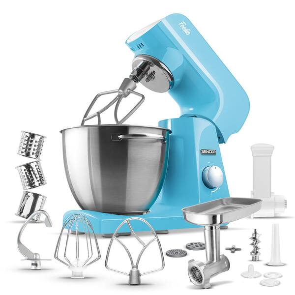 Sencor 4.75 Qt. 8-Speed Pastel Blue Stand Mixer with Beater, Whisk, Food Grinder and Dough Hook Attachments