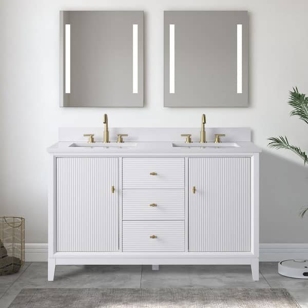54 in. W x 34 in. H Double Sink White Bath Vanity Cabinet with Arabescato White Engineered Marble Top