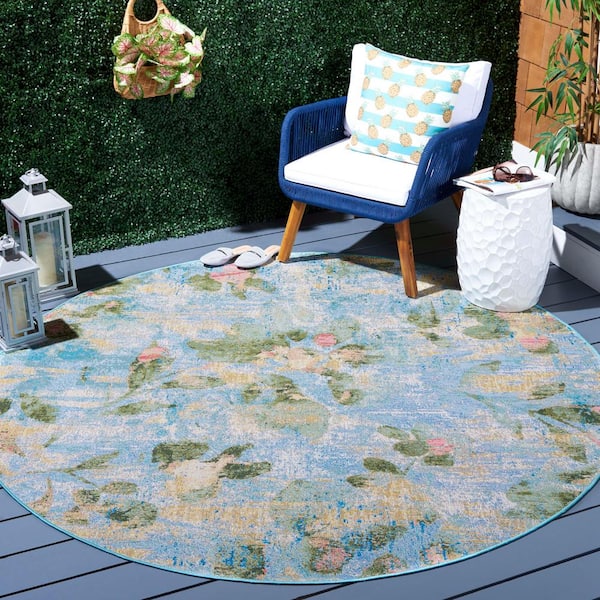 Barbados Light Blue/Green 7 ft. x 7 ft. Round Abstract Flower Indoor/Outdoor Area Rug