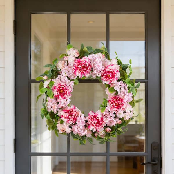 24 in. D Pink Hydrangea, Peony and Cherry Artificial Wreath Includes a Complimentary Black Metal Wreath Hanger