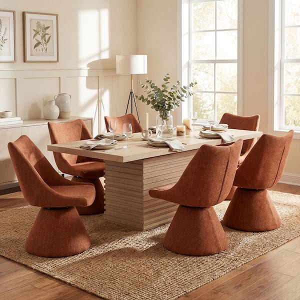 Thresher 7-Piece Brown+Light Natural Wood Top Dining Set with Fabric Upholstered Dining Chairs, Seats 6