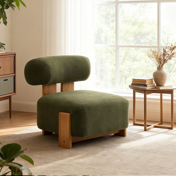 Devric Modern Green Boucle Fabric Upholstered Solid Wood Frame Accent Side Chair with Cuvred Backrest