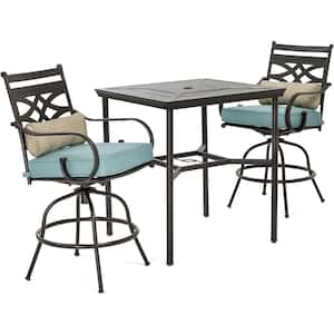 Montclair 3-Piece Metal Outdoor Bar Height Dining Set with Ocean Blue Cushions, Swivel Rockers and Table