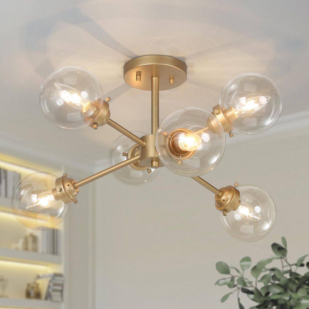 Modern Matte Gold Sputnik 6-Light 25 in. Semi-Flush Mount Ceiling Light with Clear Globe Glass Shades for Dining Room price history on PriceWatchPro