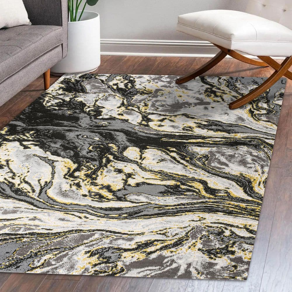 Abstract Swirl Marbled 5x8 Black/Yellow Synthetic Area Rug