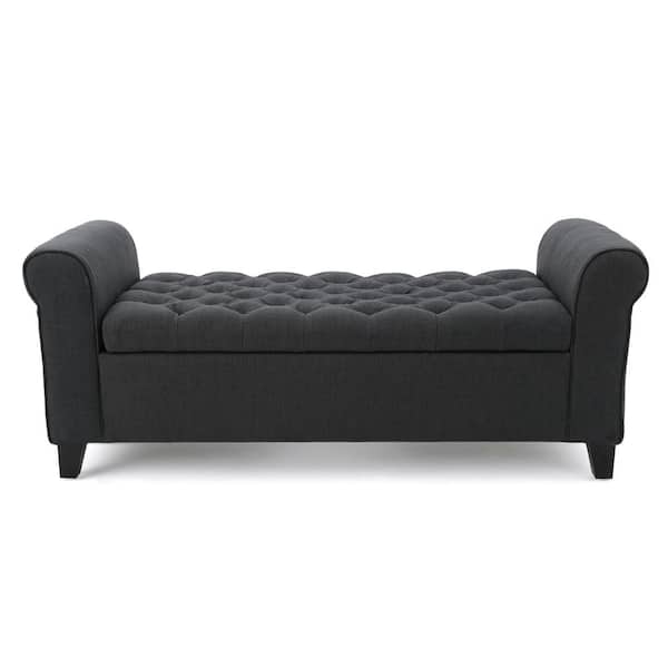Noble House Dark Gray Tufted Fabric, Storage Bench With Arms For Bedroom