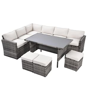 7-Piece Patio Wicker Rattan Outdoor Sectional Sofa Set with Beige Cushions