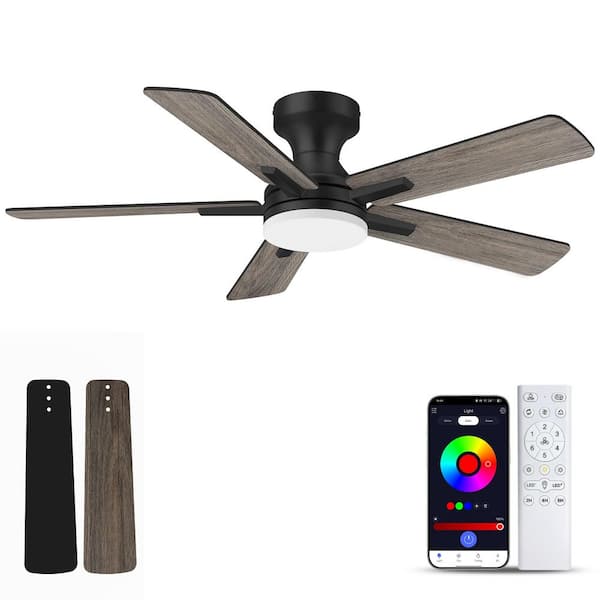 42 in. Smart Outdoor Indoor Black Flush Mount Ceiling Fan with RGB LED Lights and APP/Remote Control, Dimmable, 6-Speeds