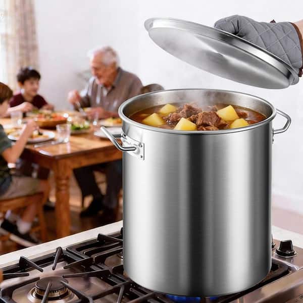 Stainless Steel Stockpot, 42 qt. Stainless Steel, in Stainless Steel Cookware Sauce Pot with Strainer, Lid, and Handle