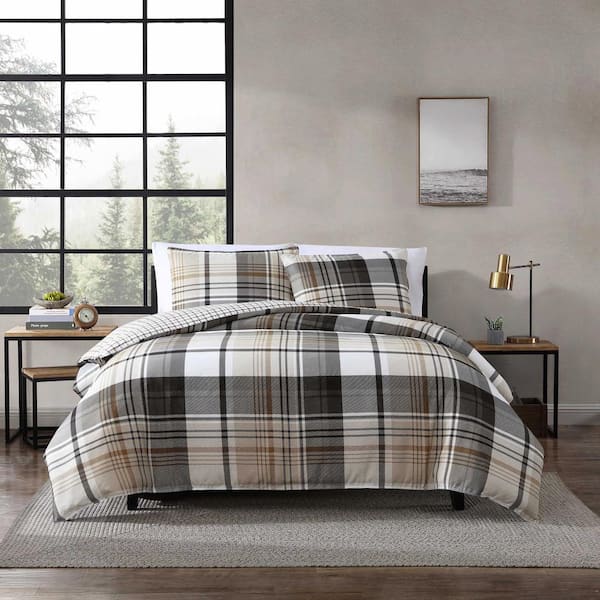 Eddie Bauer Normandy Plaid 2-Piece Black Microsuede Twin Duvet Cover Set