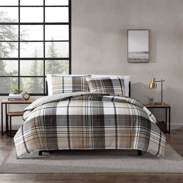 Eddie Bauer Normandy Plaid 3-Piece Black Microsuede King Duvet Cover Set