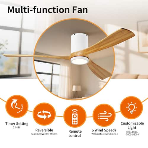 52 in. Indoor White Low Profile Ceiling Fan with Solid Wood Blades and Full Spectrum Light and Reversible DC Motor Ceiling Fans