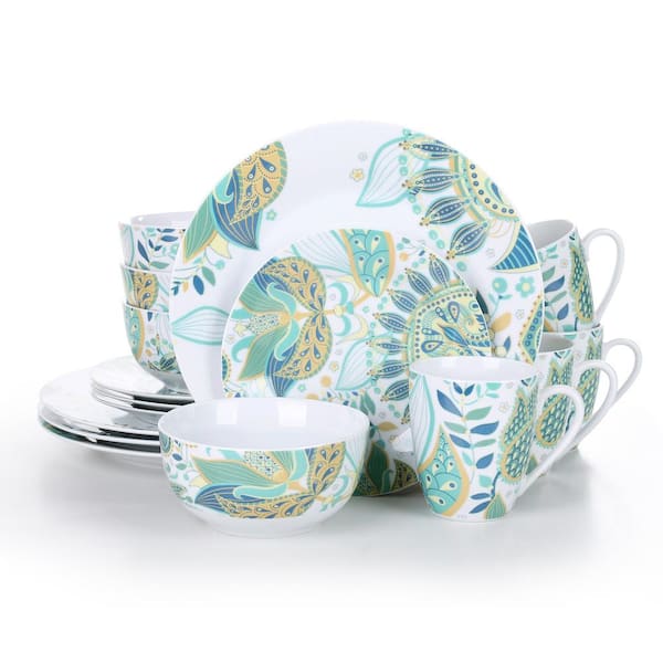 VEWEET 16-Piece White with Green Pattern Porcelain Dinnerware Set Plates and Bowls Coffee Mugs(Service for 4)