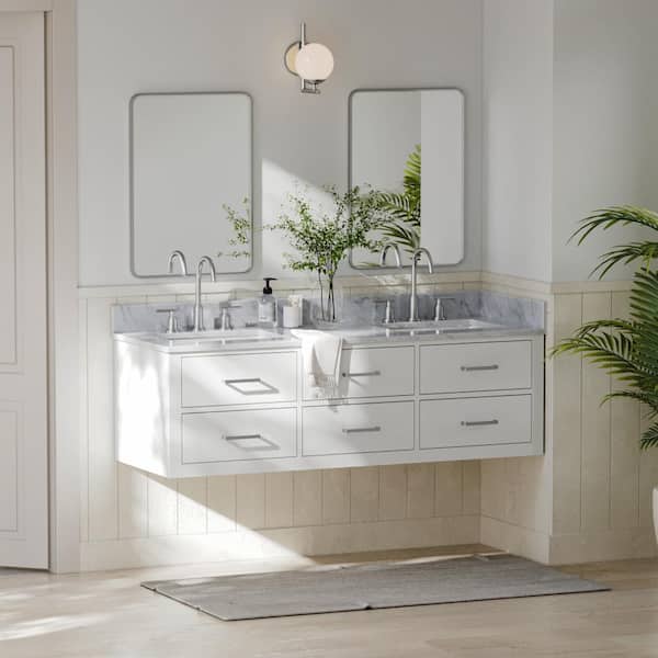 ARIEL Hutton 61 in. W x 22 in. D x 18.85 in. H Bath Vanity in White with Carrara White Marble Top