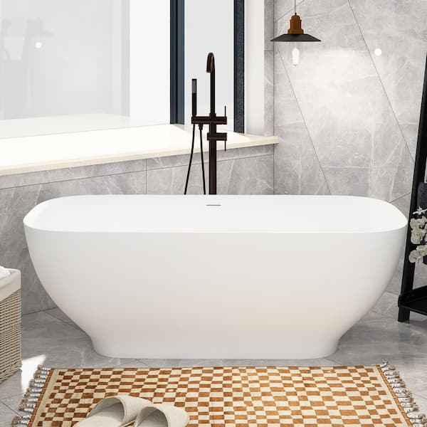 Staykiwi 63 in. x 30 in. Stone Resin Freestanding Flatbottom Soaking Bathtub Center Drain in Matte White