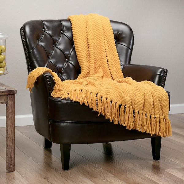 Textured Knit Golden Acrylic Polyester Throw Blanket with Tassels - 50 in. x 65 in.