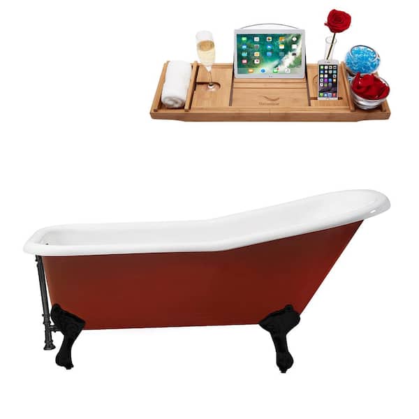 Streamline 66 in. x 30 in. Cast Iron Clawfoot Soaking Bathtub in Glossy Red with Matte Black Clawfeet and Matte Black Drain