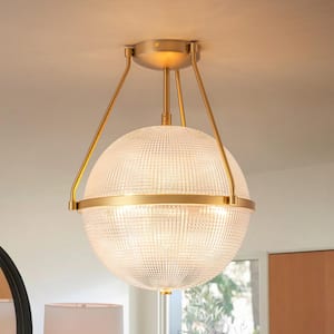 Lena 13.7 in. 3-Light Brass Gold Modern Industrial Semi-Flush Mount with Clear Grid Glass Globe Shade