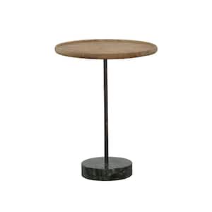 20 in. Natural and Green Round Wood Accent Table with Marble Base