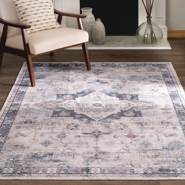 5 ft. x 7 ft. Navy/Multi Ornamental Medallion Washable Area Rug