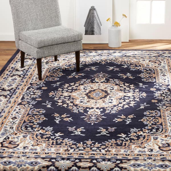 Premium Sakarya Navy Blue/Brown 9 ft. x 12 ft. Medallion Area Rug