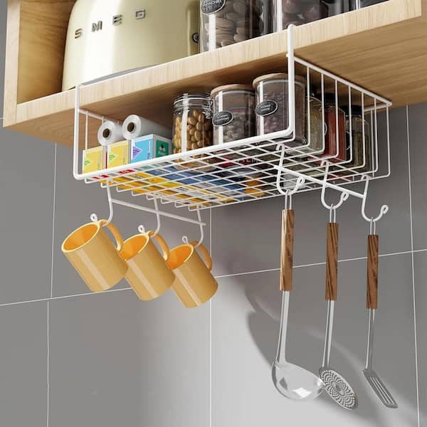 Anqtovp 6-Pack Under Basket Shelf with 6-Hooks and Hanging Storage Organizer for Kitchen, Bathroom and Office, White