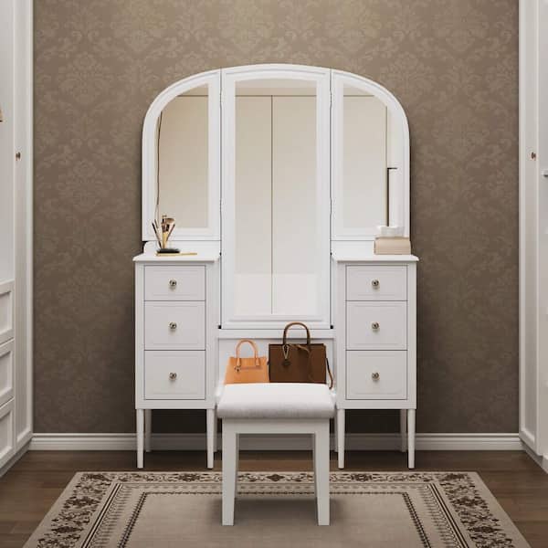 2-Piece White Makeup Vanity Set with Triple Mirror, 6-Drawer and Stool