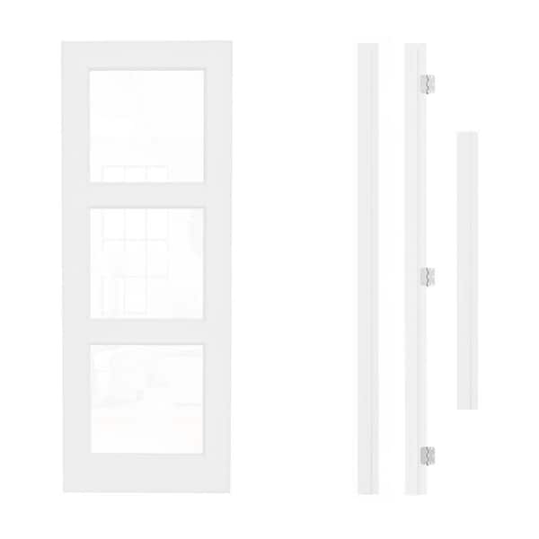 32 in. x 80 in. 3-Lite Clear Glass Right Hand White Solid Core Glass Single Prehung Interior Door+ Quick Assemble Jamb