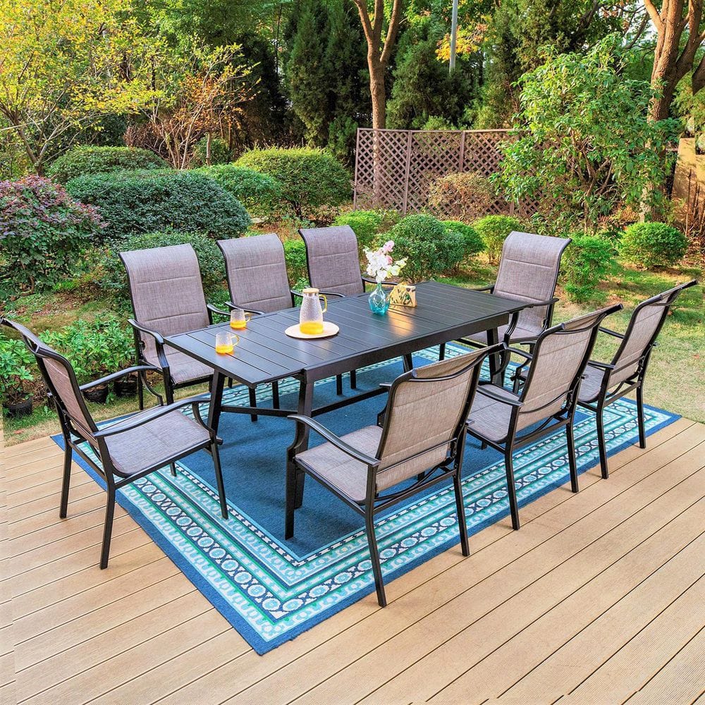 PHI VILLA Black 9-Piece Metal Outdoor Patio Dining Set with Slat ...