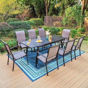 Black 9-Piece Metal Outdoor Patio Dining Set with Slat Extendable Table and High Back Padded Textilene Chairs