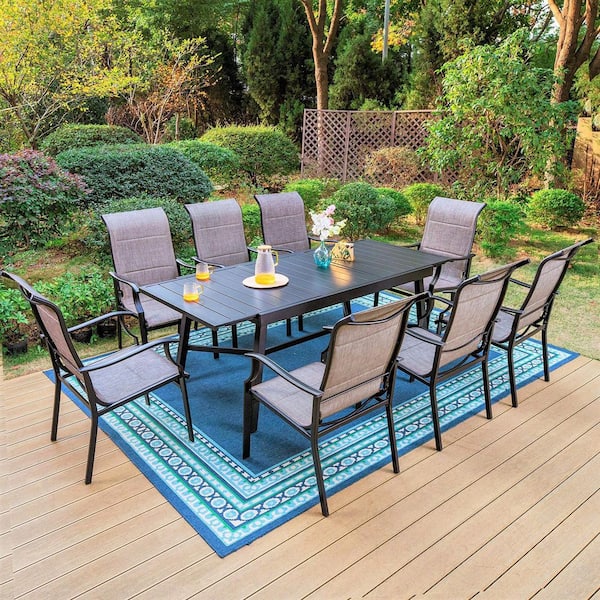 PHI VILLA Black 9-Piece Metal Outdoor Patio Dining Set with Slat Extendable Table and High Back Padded Textilene Chairs
