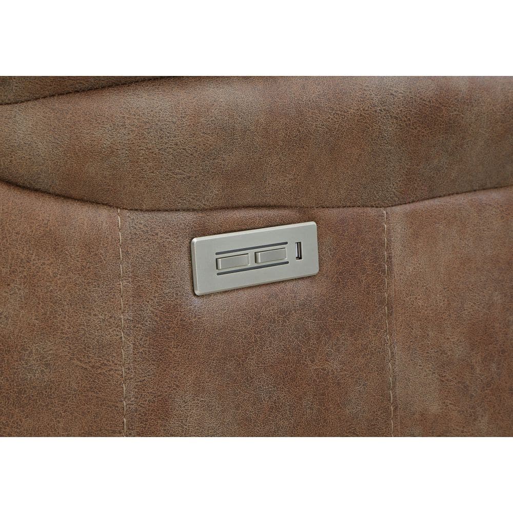 Camel Faux-Suede Power Reclining Sofa with Nailhead Trim