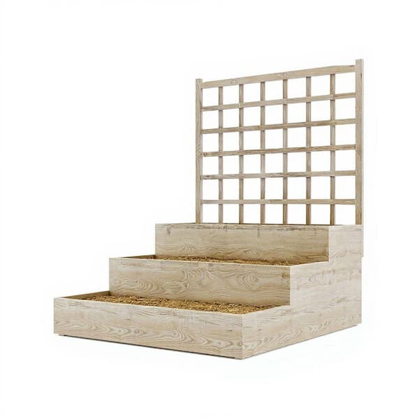 44 in. x 45.3 in. x 45.3 in. 3 Tiered Unfinished Wood Raised Garden Bed with Lattice Trellis & Open-Ended Base