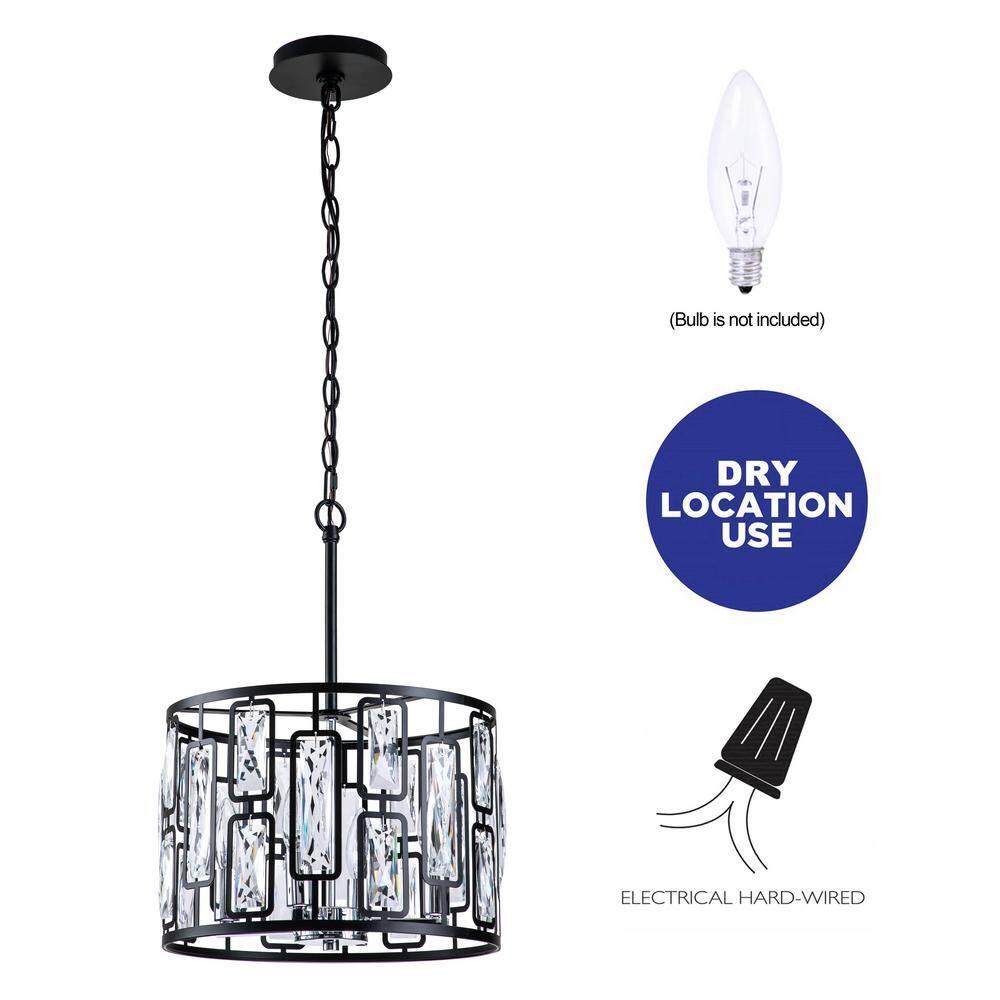 Matte Black Drum Pendant Light with Clear Crystals