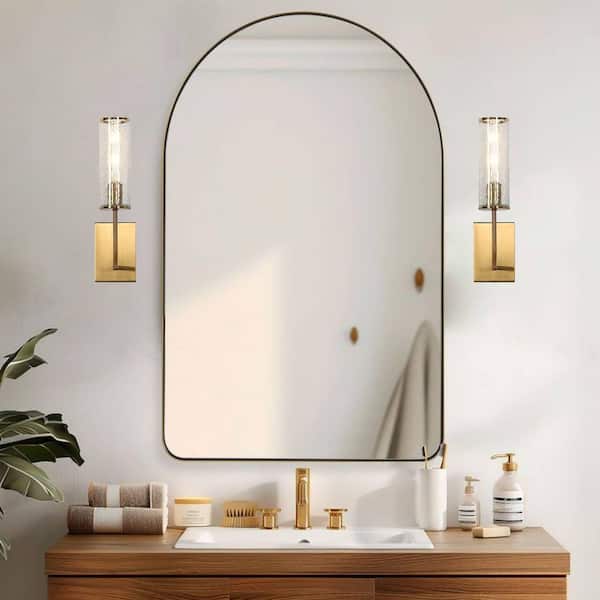Modern 1-Light Brass Wall Sconce 16.7 in. H Cylinder Candlestick Upward Downward Vanity Light with Cracked Glass Shade