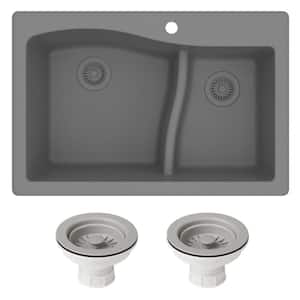 Quarza 33 in Drop-in/Undermount Double Bowl Grey Granite Composite Kitchen Sink with Grey Strainer