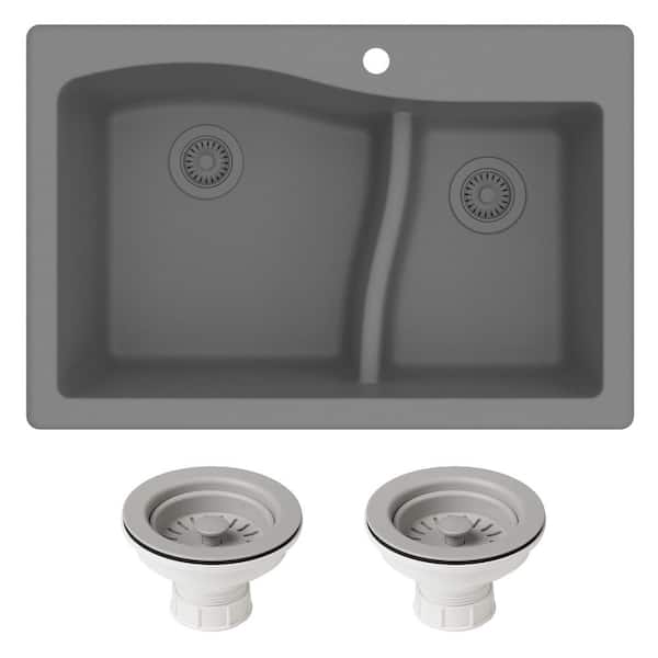 KRAUS Quarza 33 in Drop-in/Undermount Double Bowl Grey Granite Composite Kitchen Sink with Grey Strainer