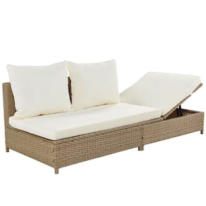 Natural Brown 3Piece All Weather PE Wicker Patio Rattan Sofa Sectional Set with Adjustable Chaise Lounge, Beige Cushion