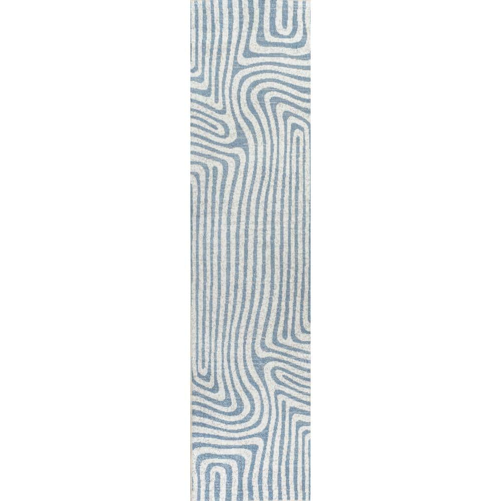 Blue and Cream Abstract Machine-Washable Runner Rug