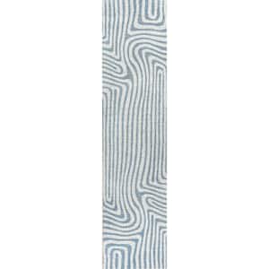 Maze Abstract Two-Tone Low-Pile Machine-Washable Blue/Cream 2 ft. x 8 ft. Runner Rug