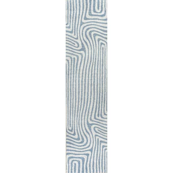 Maze Abstract Two-Tone Low-Pile Machine-Washable Blue/Cream 2 ft. x 8 ft. Runner Rug