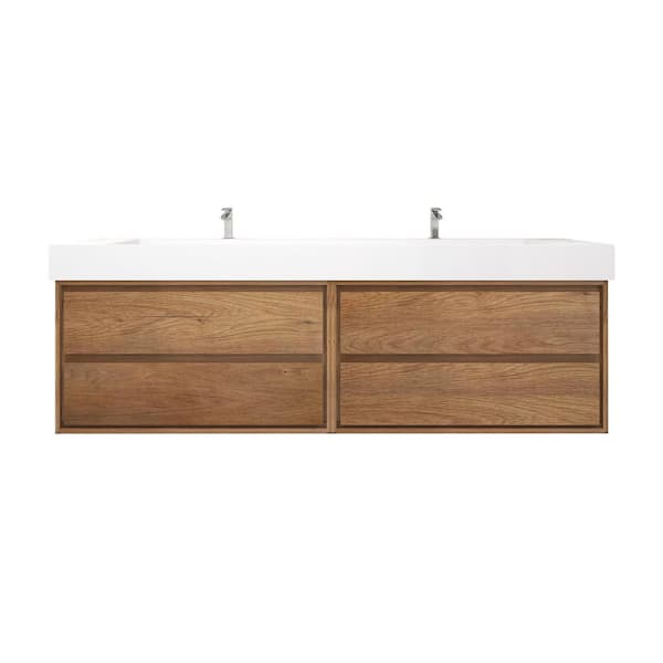 Saggie 84 in. W x 20 in. D x 28 in. H Double Sink Floating Bath Double Vanity in Teak Oak with White Acrylic Top